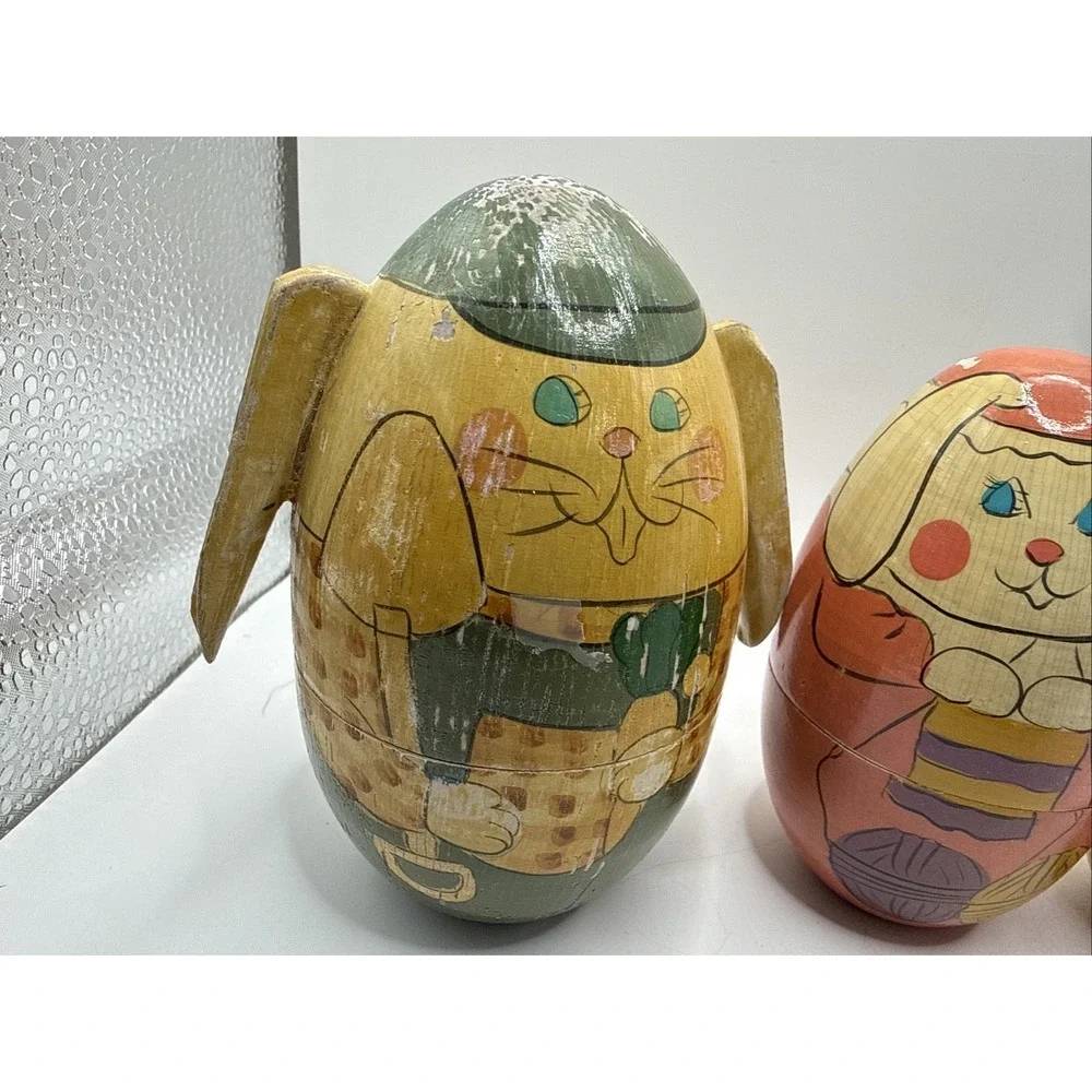 VTG Bunny Rabbit Russian Nesting Dolls Set of 5 Hand Painted Wooden Easter 5